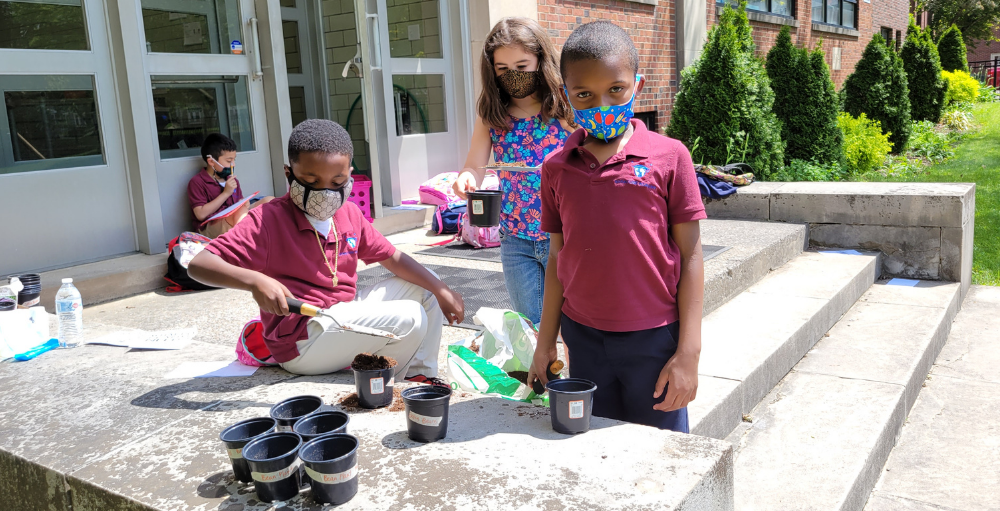 Syracuse Academy of Science elementary school students in the Green Thumb Club prepare to transplant their plants into the garden.