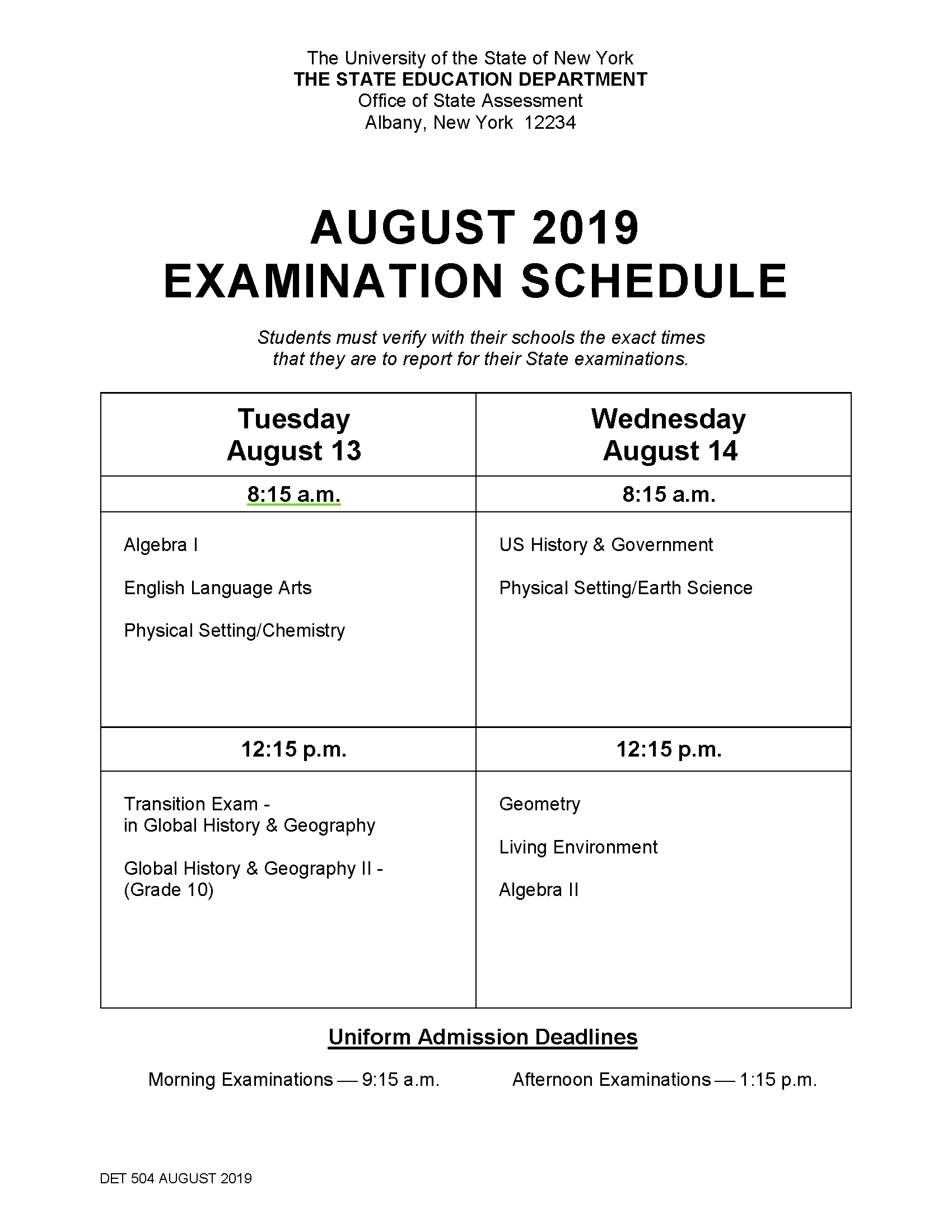 August 2019 Regents Exam schedule