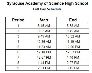 Syracuse Academy of Science High School Full Day Bell Schedule