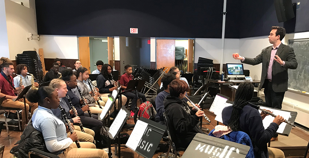 High school band members visit Ithaca College for a clinic with band director, Dr. Ben Rochford