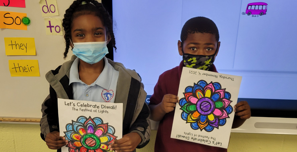 Students in Ms. Bloss’ class learn about the history of India’s largest holiday, Diwali the Festival of Lights, and celebrate by creating their own Rangoli for their homes.