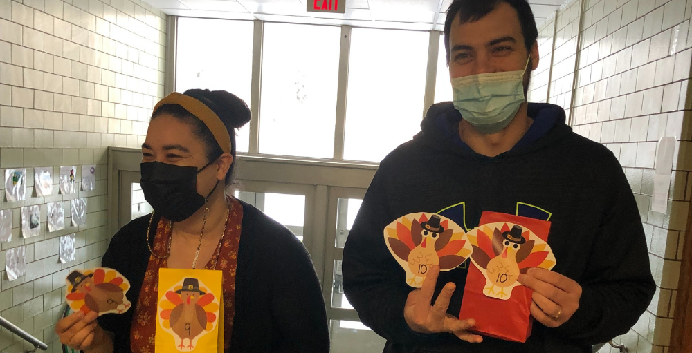 Syracuse Academy of Science elementary school teachers participated in a ‘Turkey Hunt’ activity where they found 12 turkey bags throughout the building with its matching goody bag.